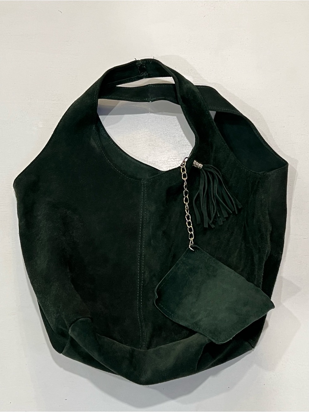 Suede Hobo Bag with Tassel Accent in Black